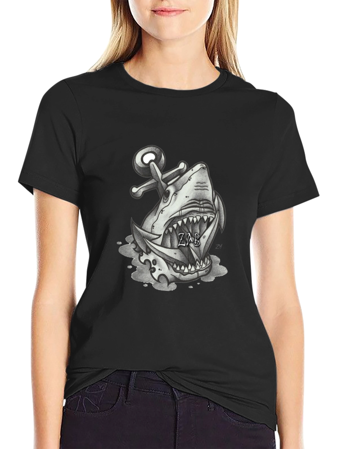 Shark Anchor Graphic Tee - Black Cotton T-Shirt