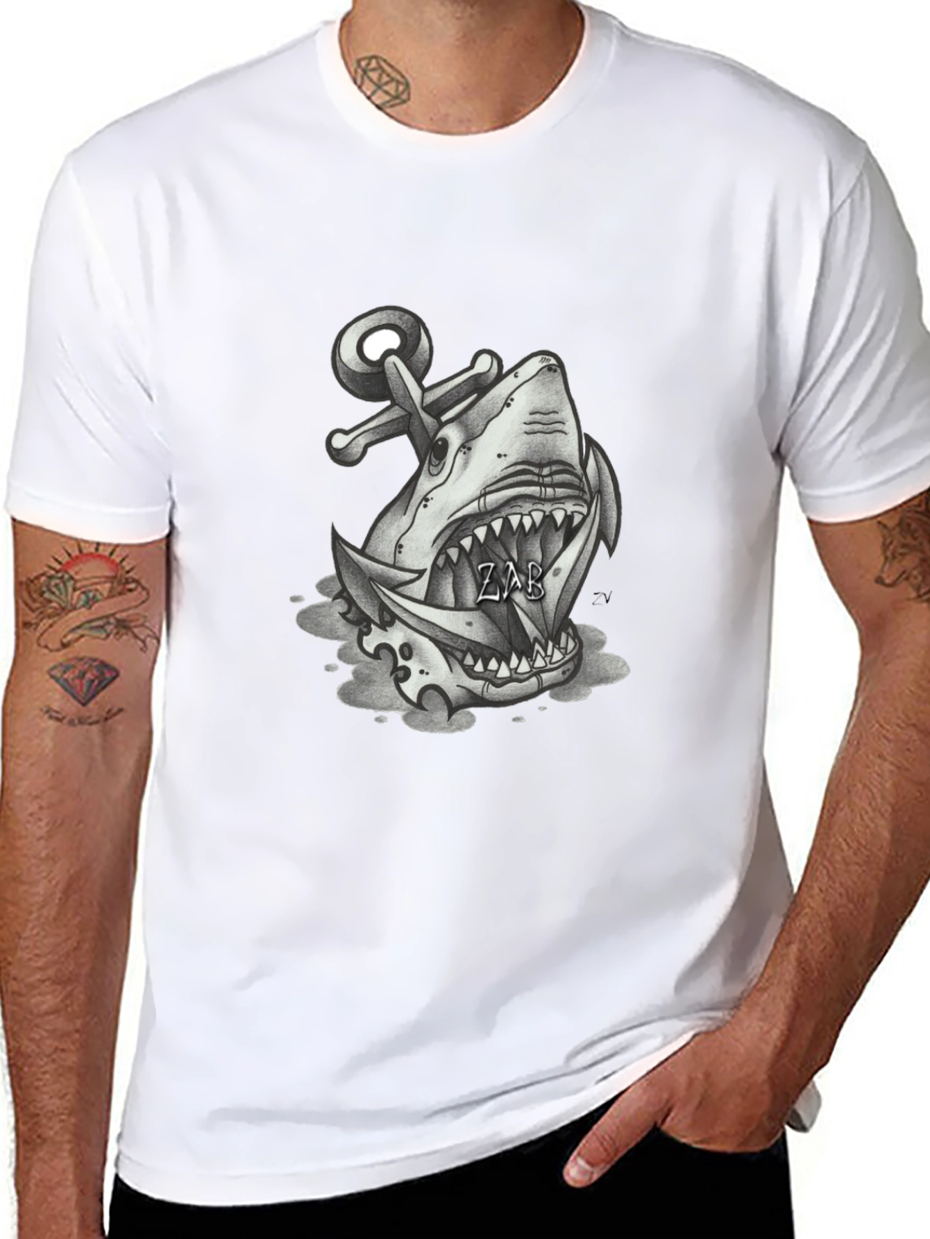 Shark Anchor Graphic Tee - Black Cotton T-Shirt