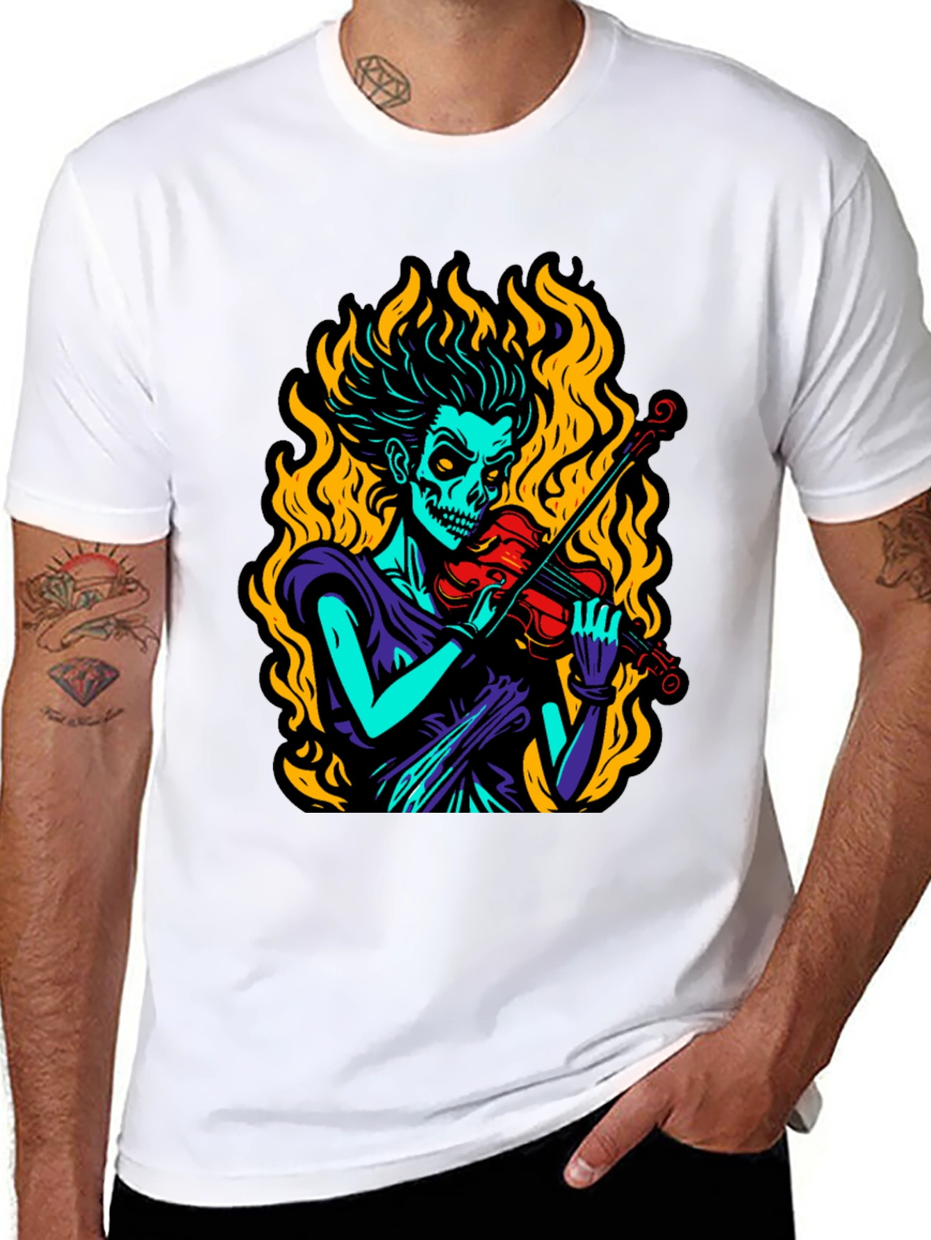 Grim Fiddler Graphic T-Shirt - Unique Skeleton Violin Design