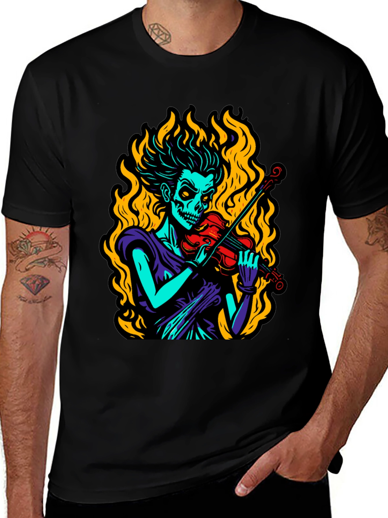 Grim Fiddler Graphic T-Shirt - Unique Skeleton Violin Design