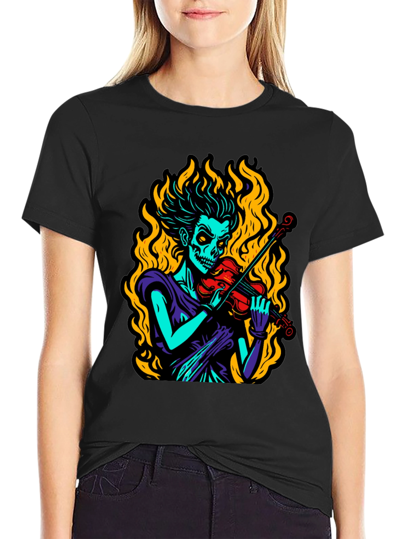 Grim Fiddler Graphic T-Shirt - Unique Skeleton Violin Design