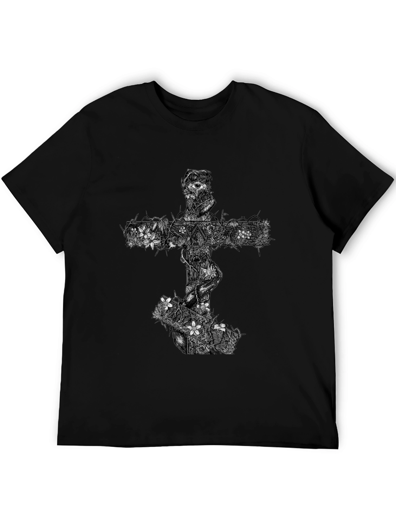 Floral Cross Graphic Black T-Shirt