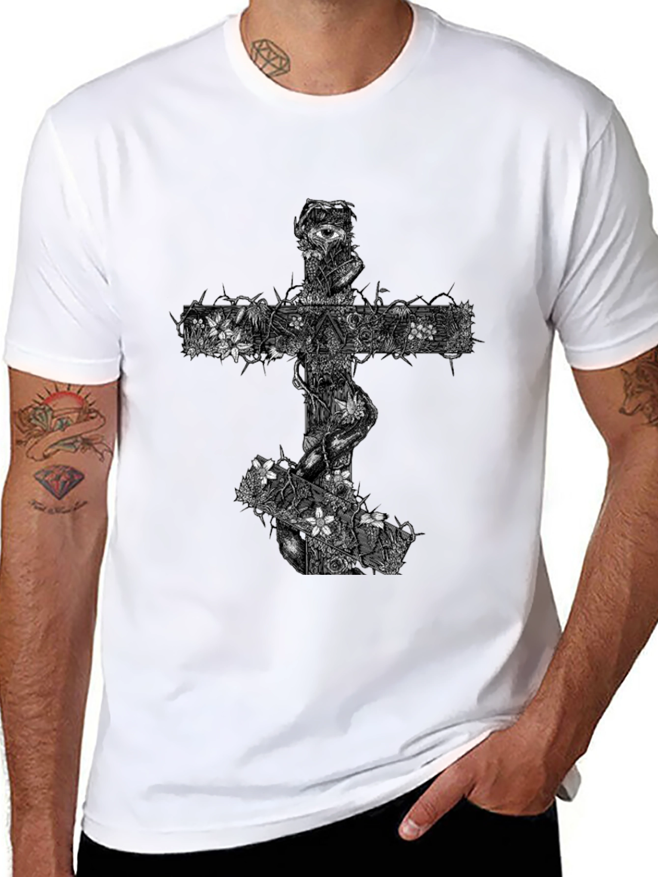 Floral Cross Graphic Black T-Shirt