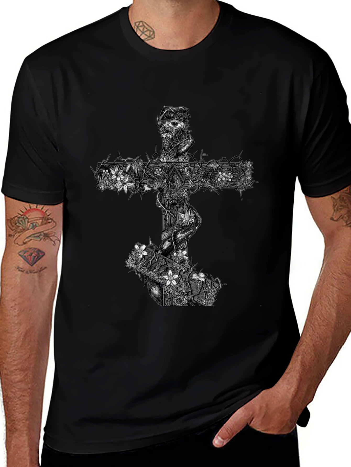Floral Cross Graphic Black T-Shirt
