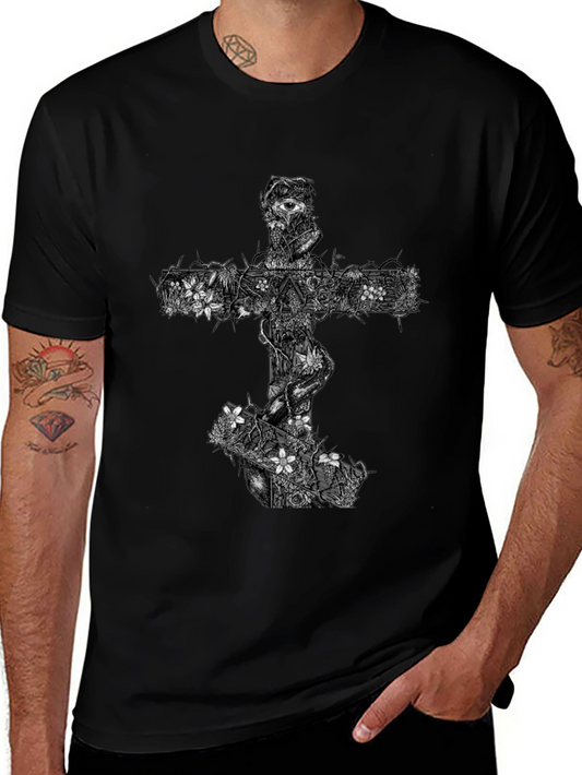 Floral Cross Graphic Black T-Shirt