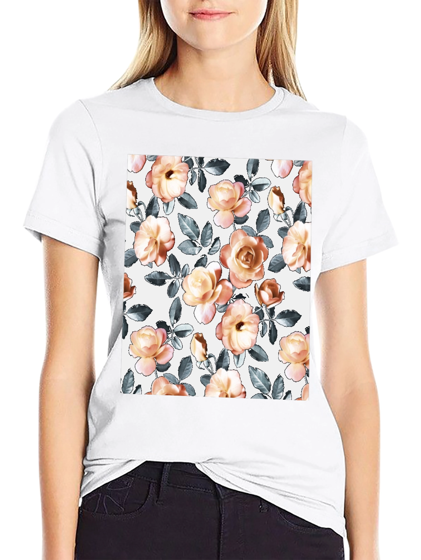 Floral Pattern T-Shirt - Soft Rose Design