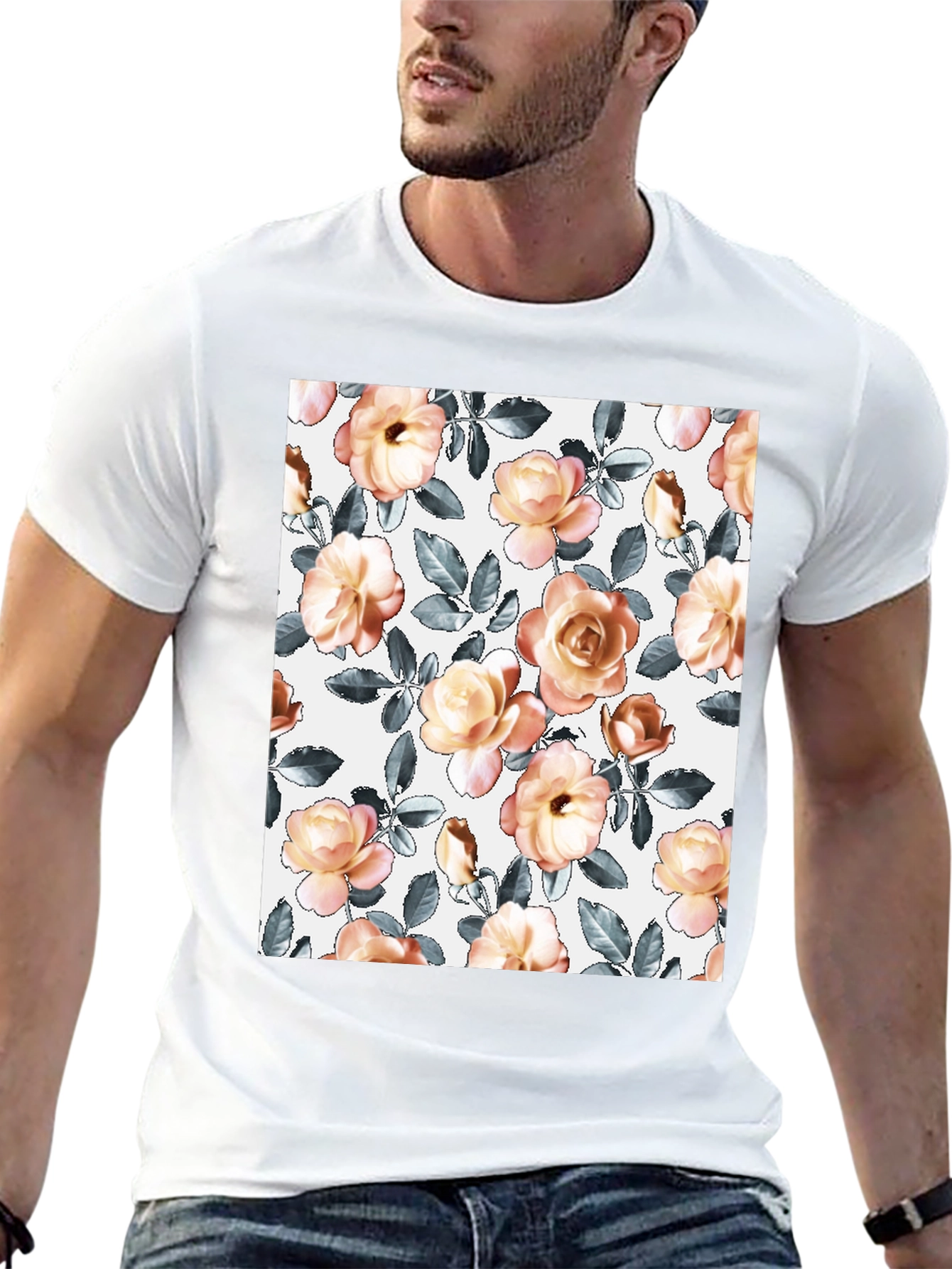 Floral Pattern T-Shirt - Soft Rose Design