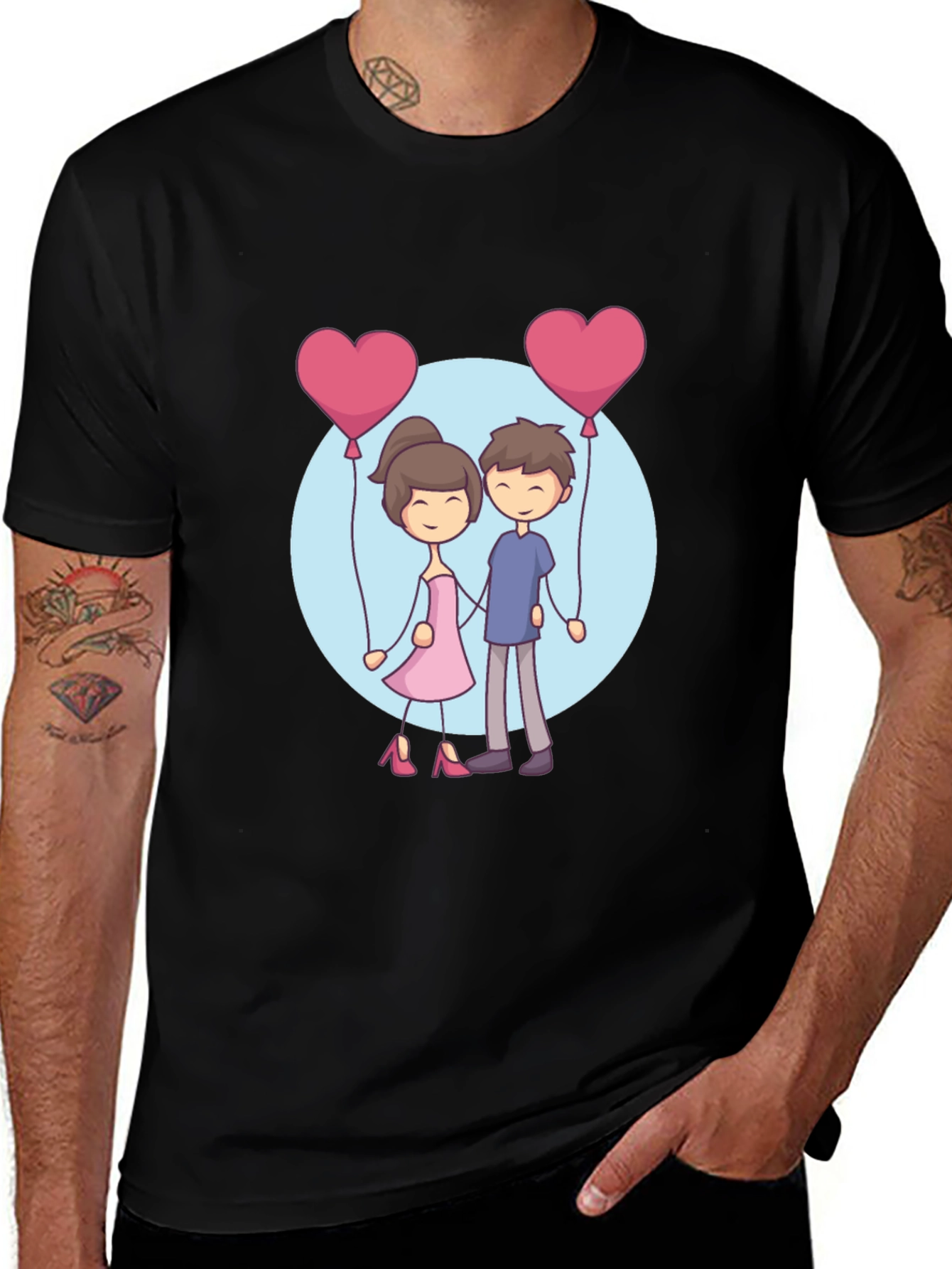 Cartoon Couple Holding Heart Balloons T-Shirt