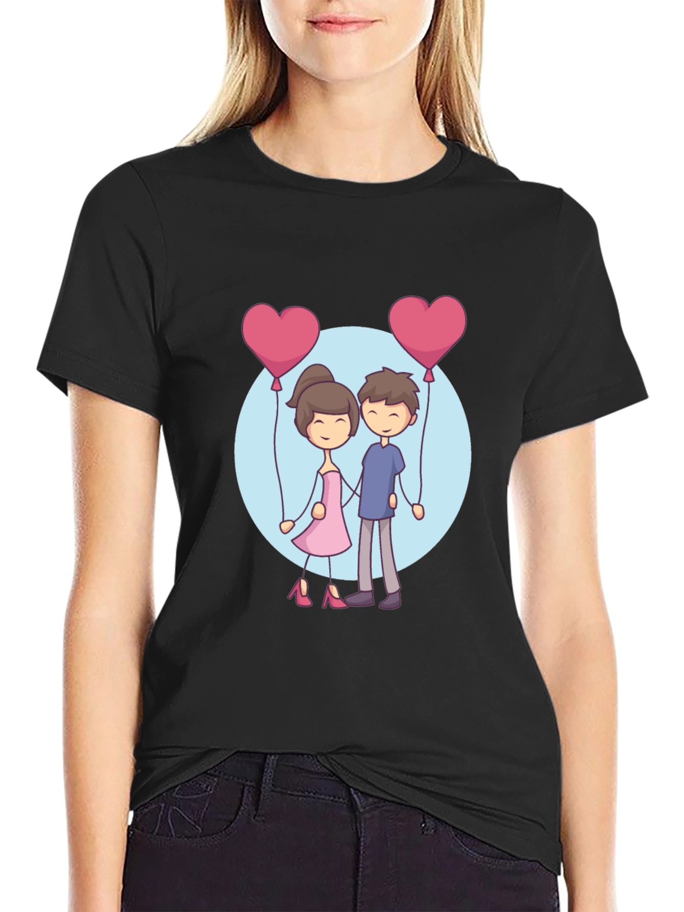 Cartoon Couple Holding Heart Balloons T-Shirt