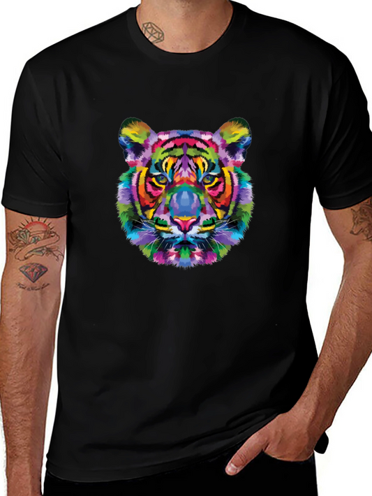 Colorful Tiger Graphic Print Black T-Shirt