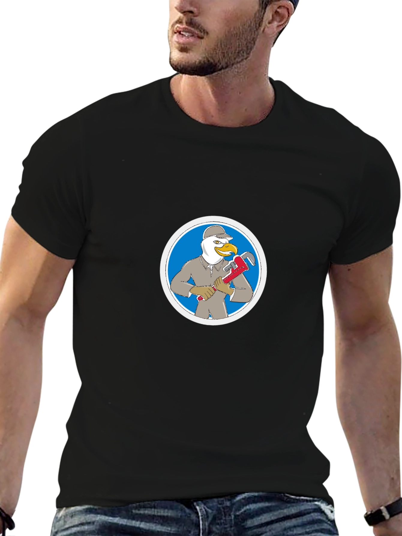 Black T-Shirt with Seagull Plumber Graphic