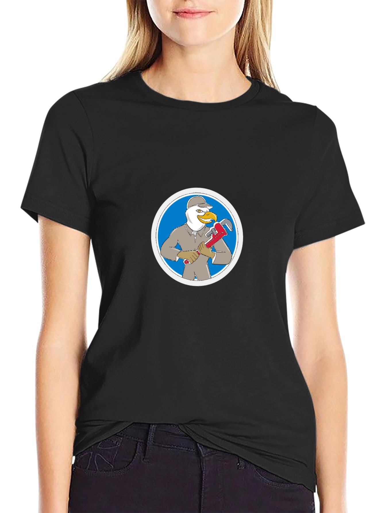 Black T-Shirt with Seagull Plumber Graphic