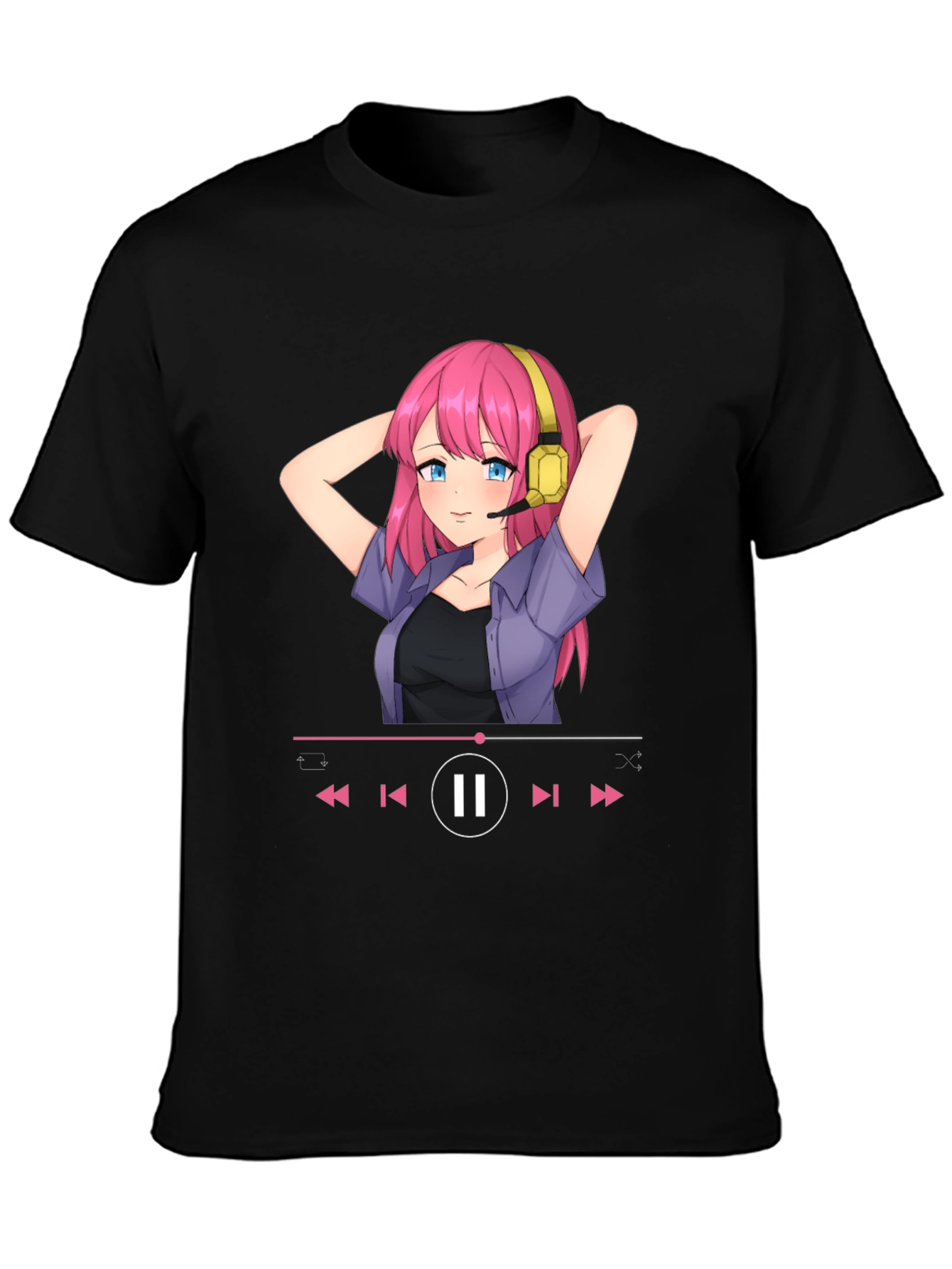 Anime Girl Music Player Graphic Tee - Black T-Shirt