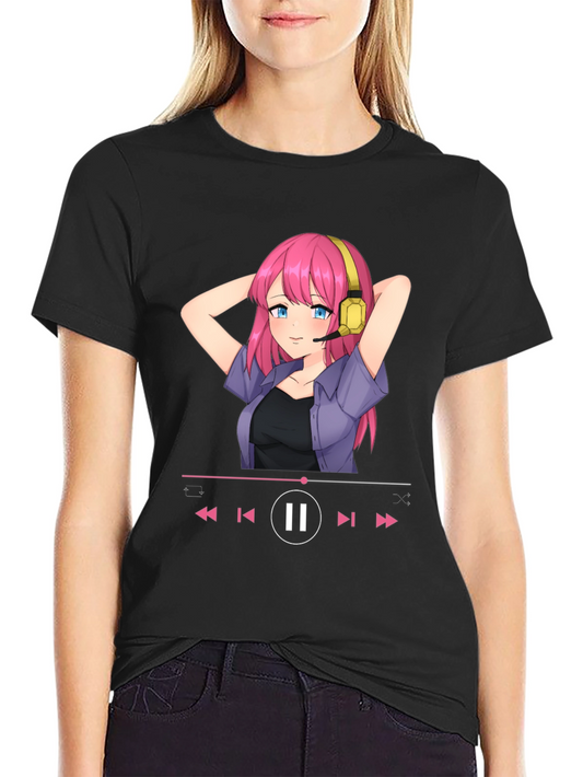 Anime Girl Music Player Graphic Tee - Black T-Shirt