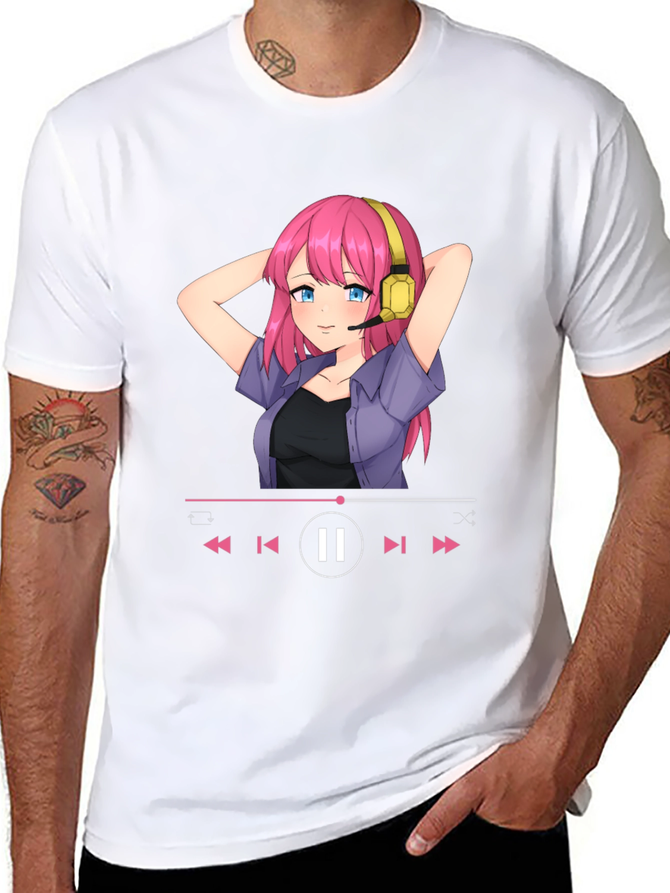 Anime Girl Music Player Graphic Tee - Black T-Shirt