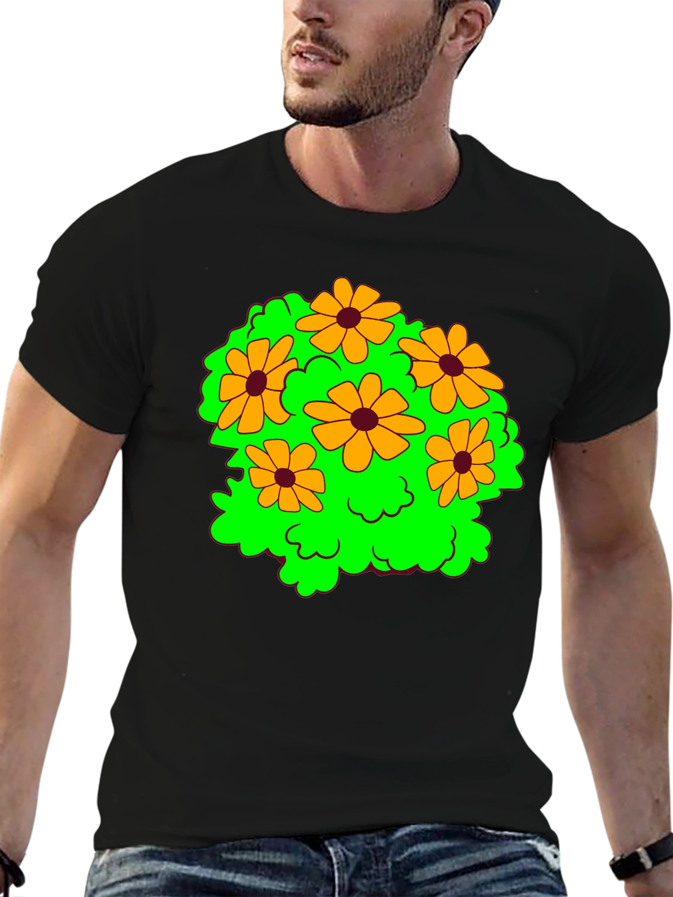 Floral Graphic Tee - Cheerful Black T-Shirt