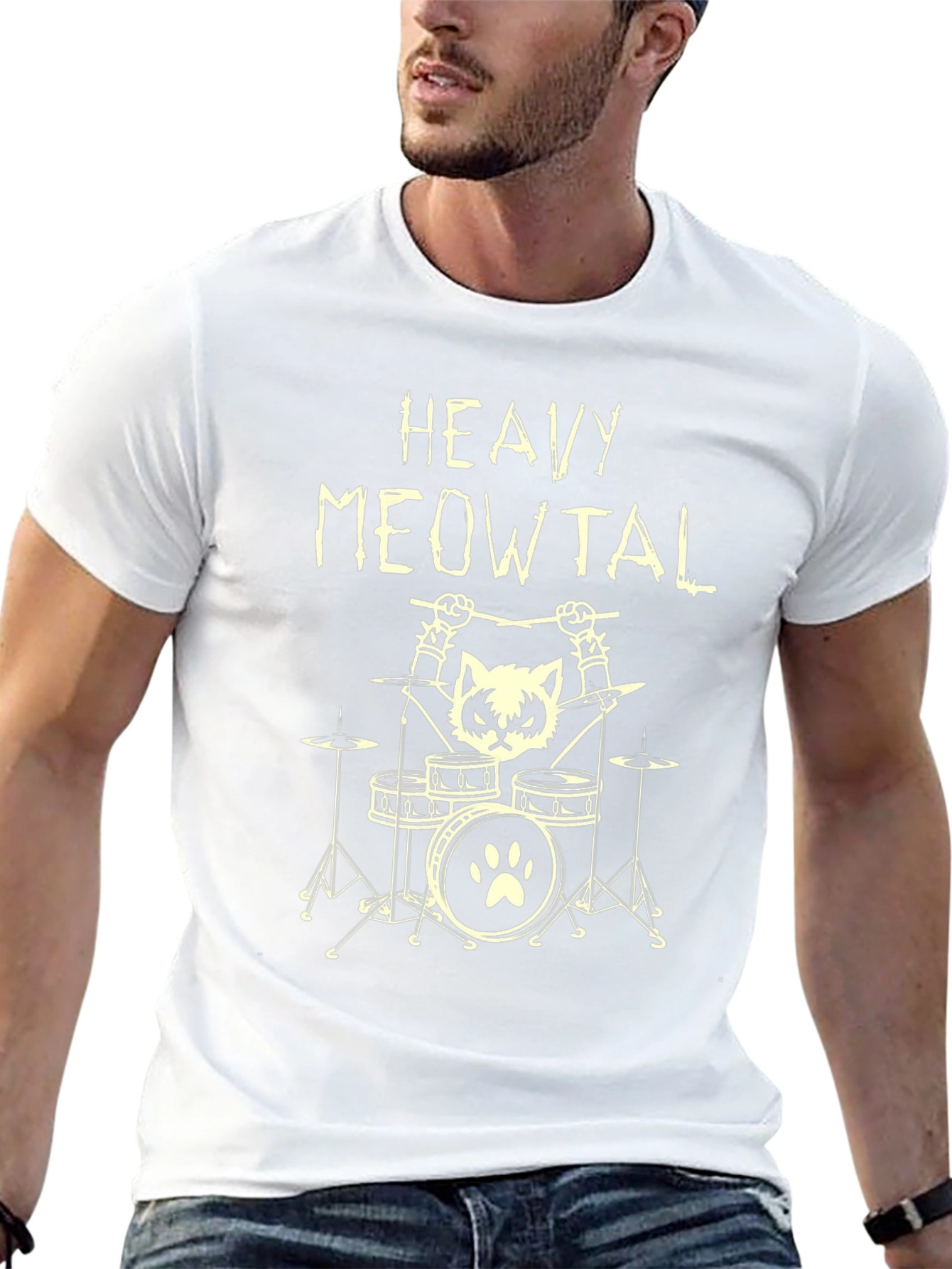Heavy Meowtal T-Shirt - Rocker Cat Drummer Tee