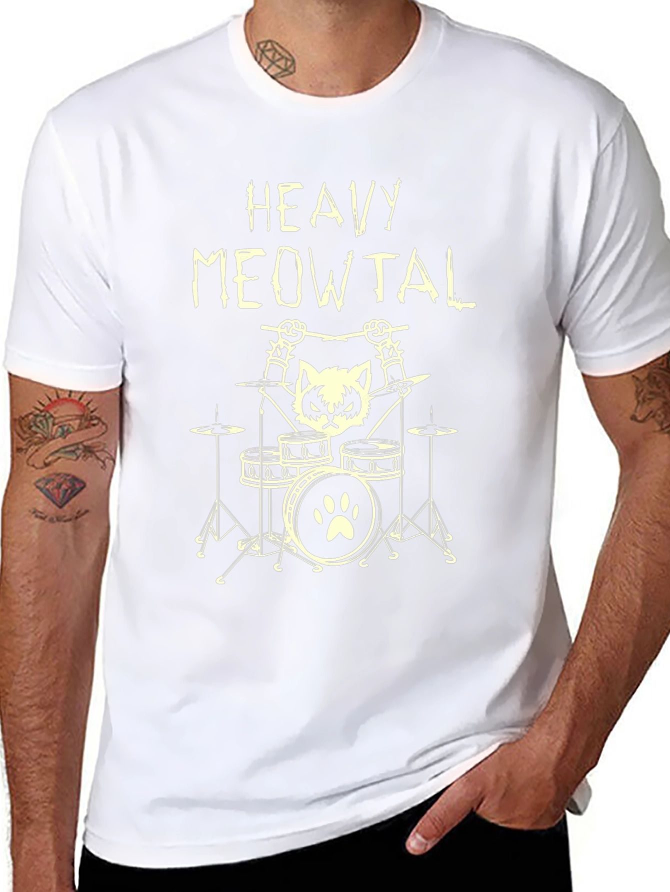 Heavy Meowtal T-Shirt - Rocker Cat Drummer Tee