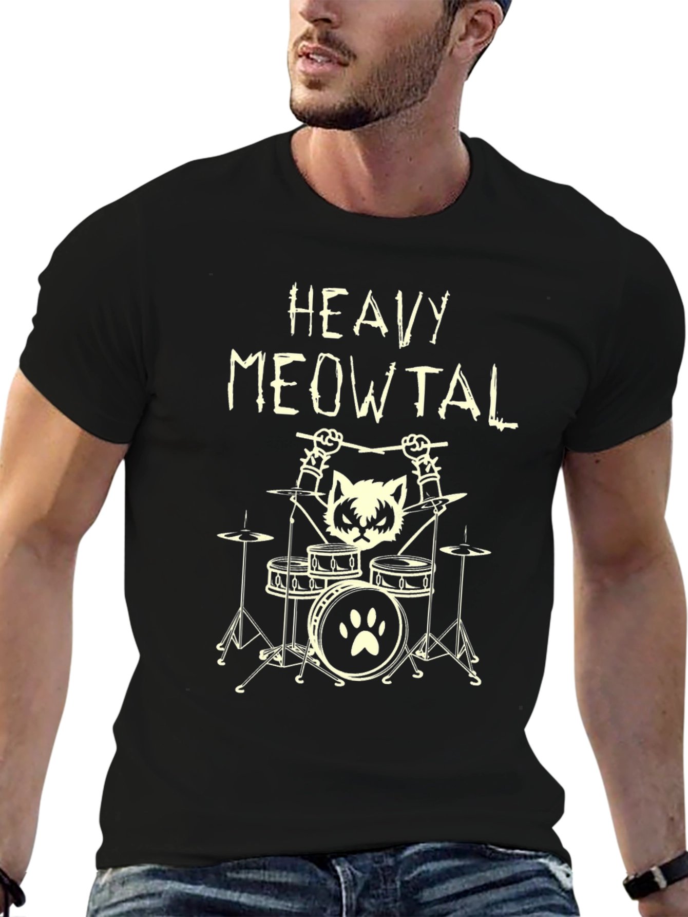 Heavy Meowtal T-Shirt - Rocker Cat Drummer Tee
