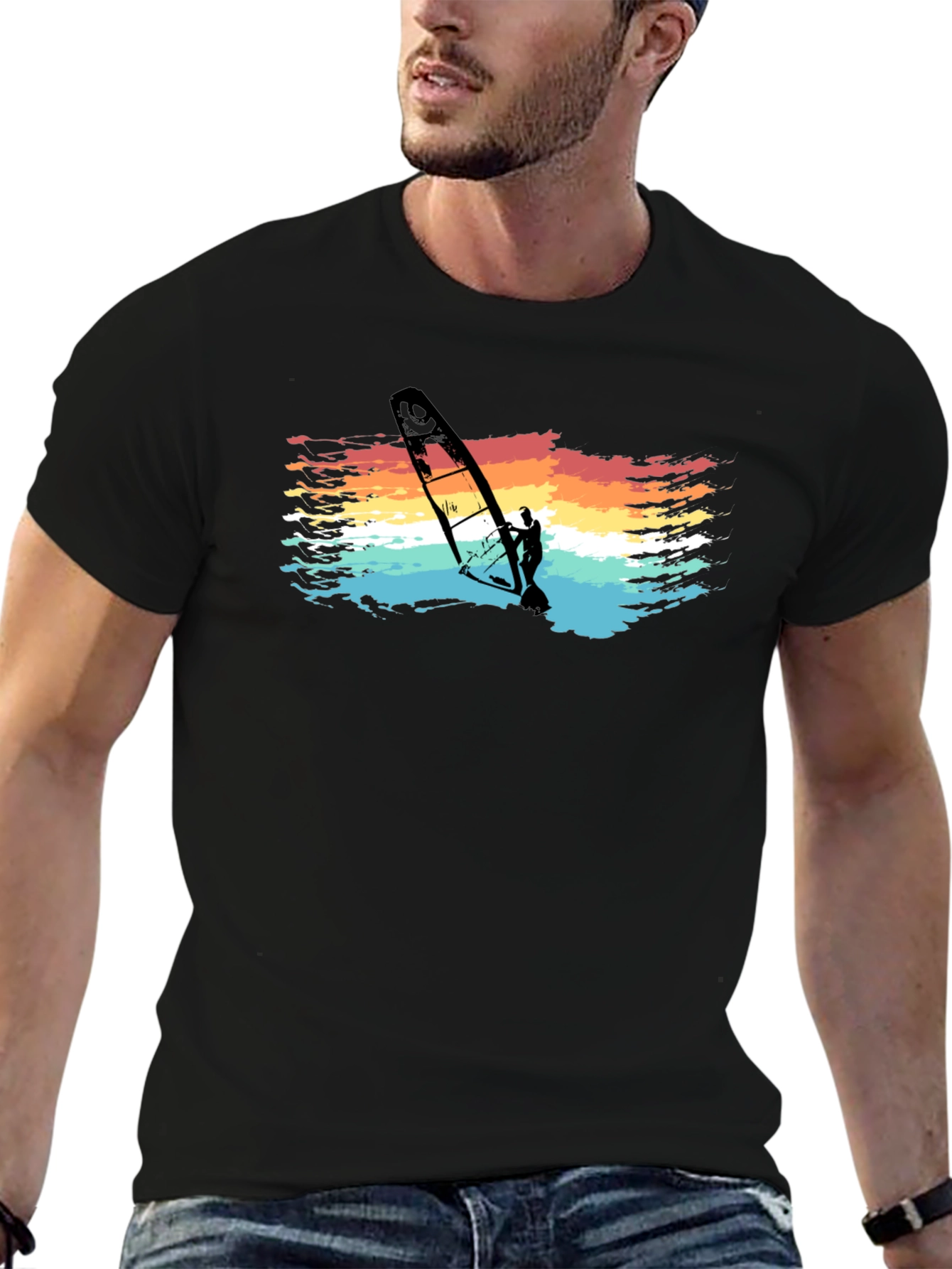 Retro Windsurfer Graphic Tee - Black Cotton T-Shirt