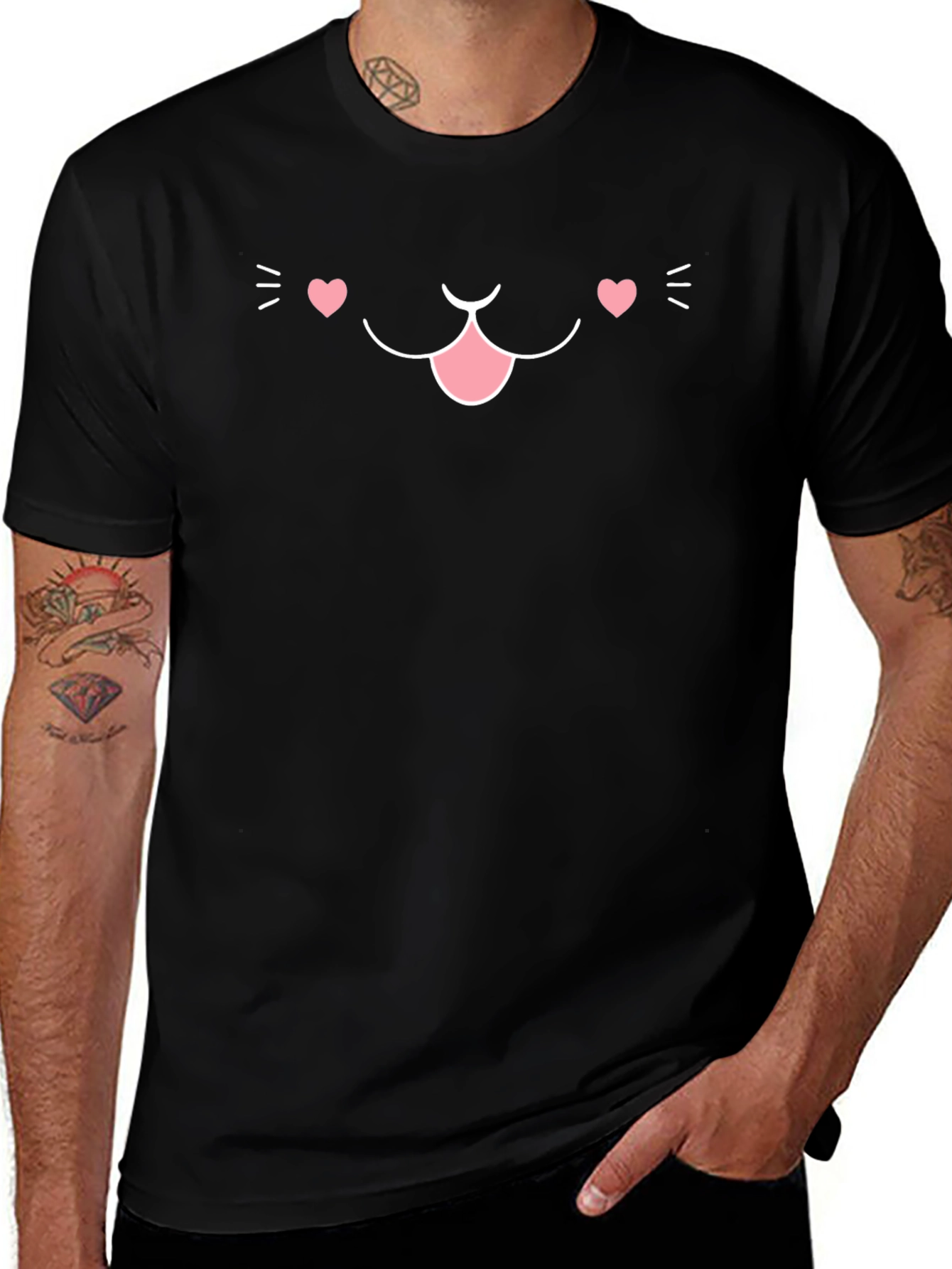 Cute Cat Face Graphic T-Shirt - Black Cotton Blend