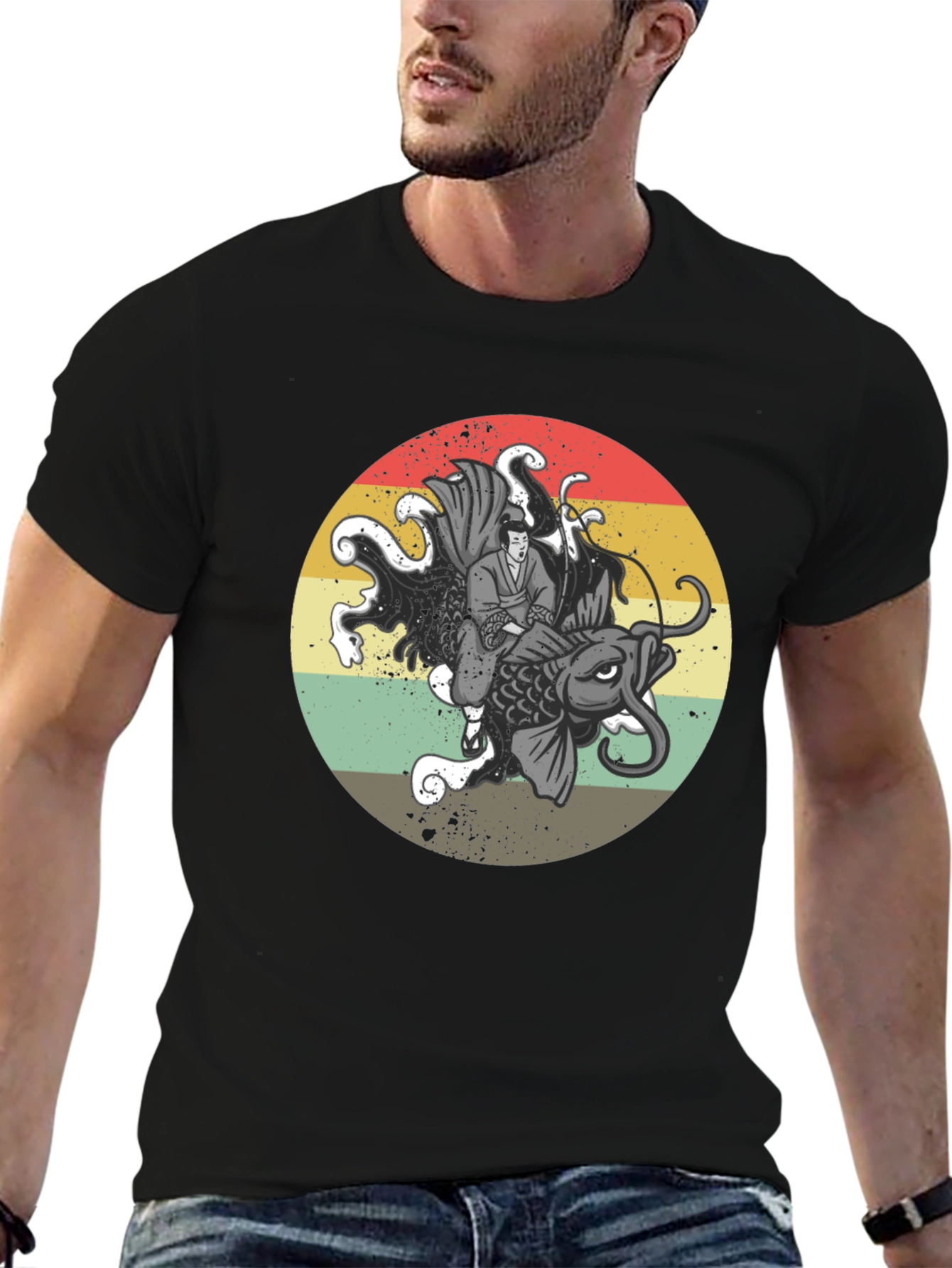 Retro Samurai Koi Fish Graphic T-Shirt