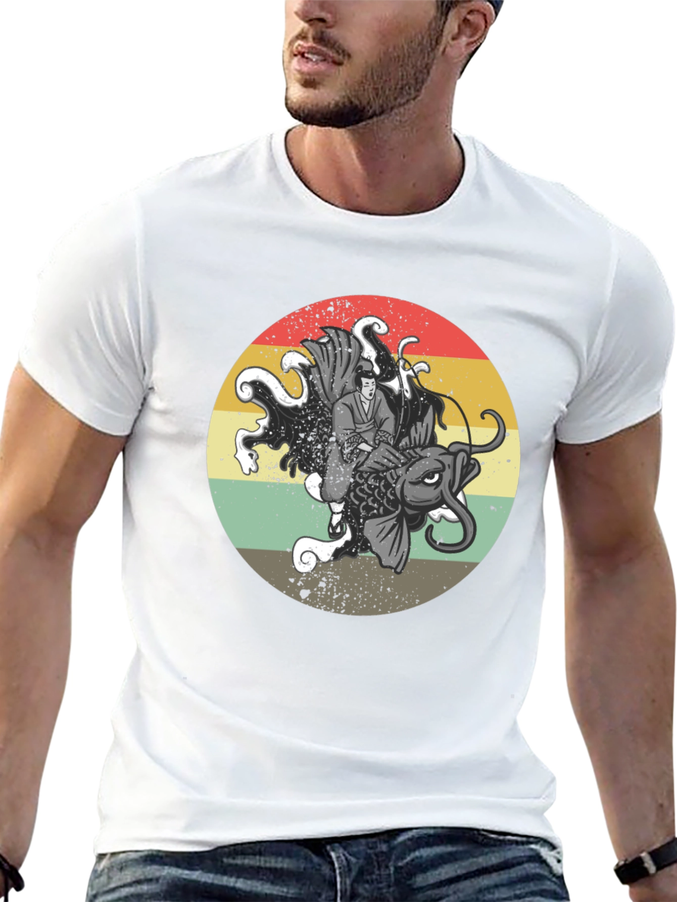 Retro Samurai Koi Fish Graphic T-Shirt