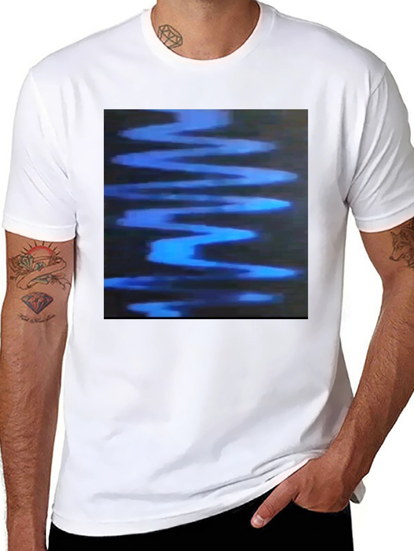 Abstract Blue Wave Graphic Black T-Shirt