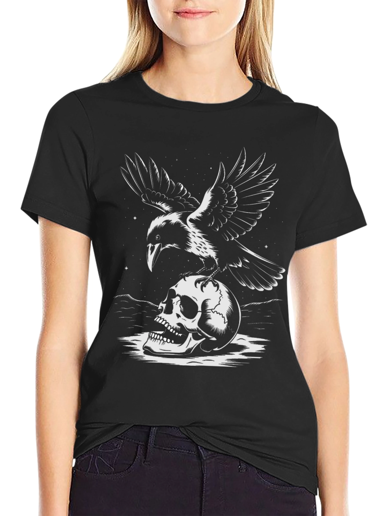 Raven and Skull Graphic Tee - Dark Aesthetic T-Shirt