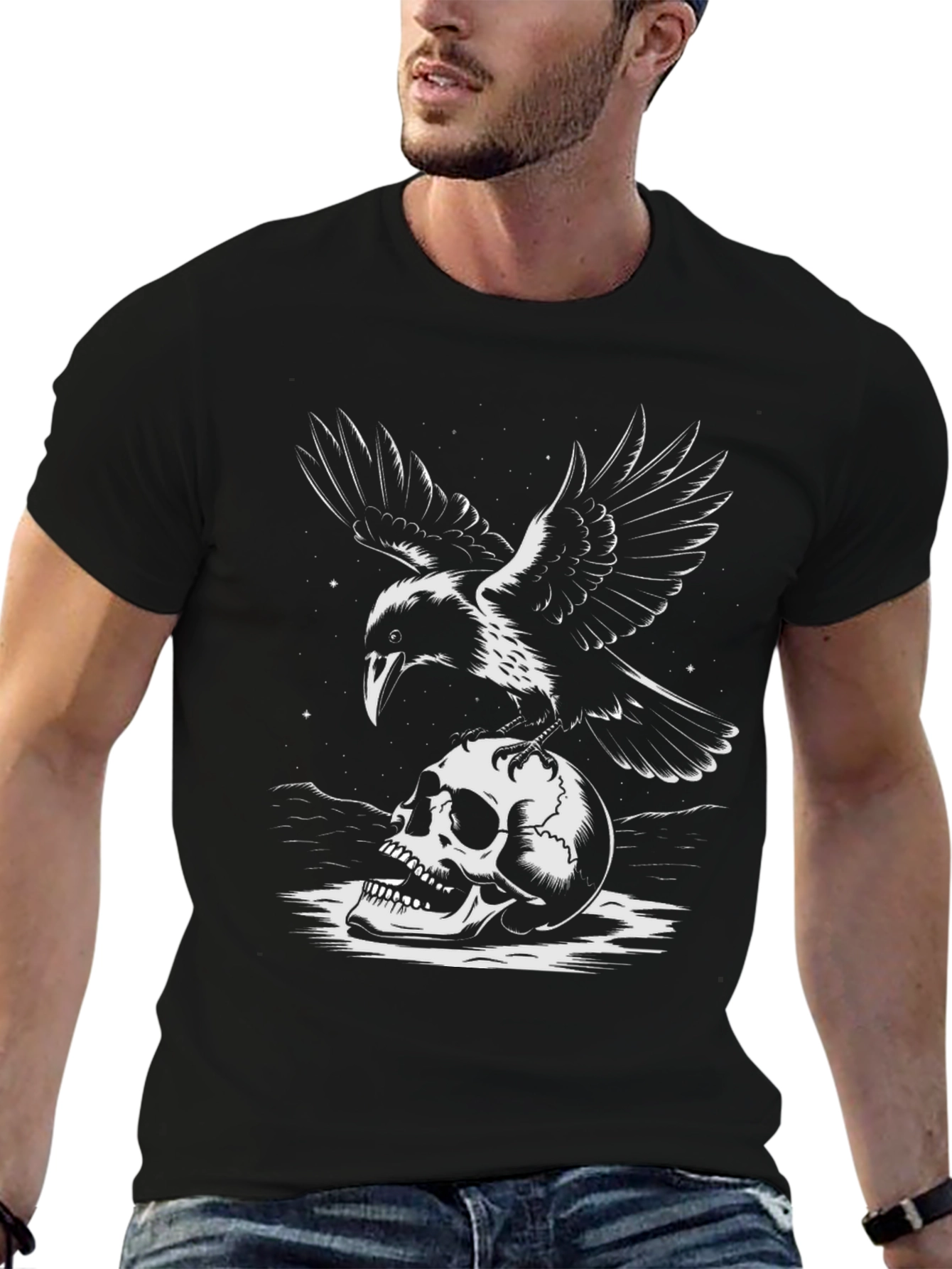 Raven and Skull Graphic Tee - Dark Aesthetic T-Shirt