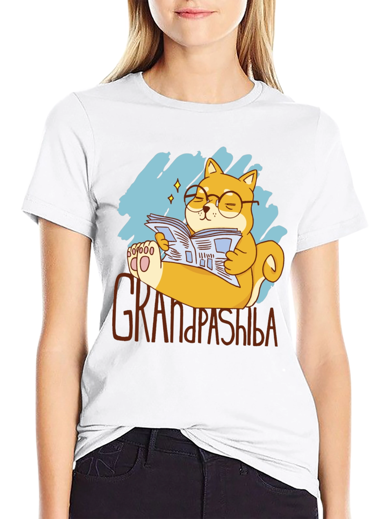 Grandpa Shiba Inu Reading Newspaper Graphic T-Shirt