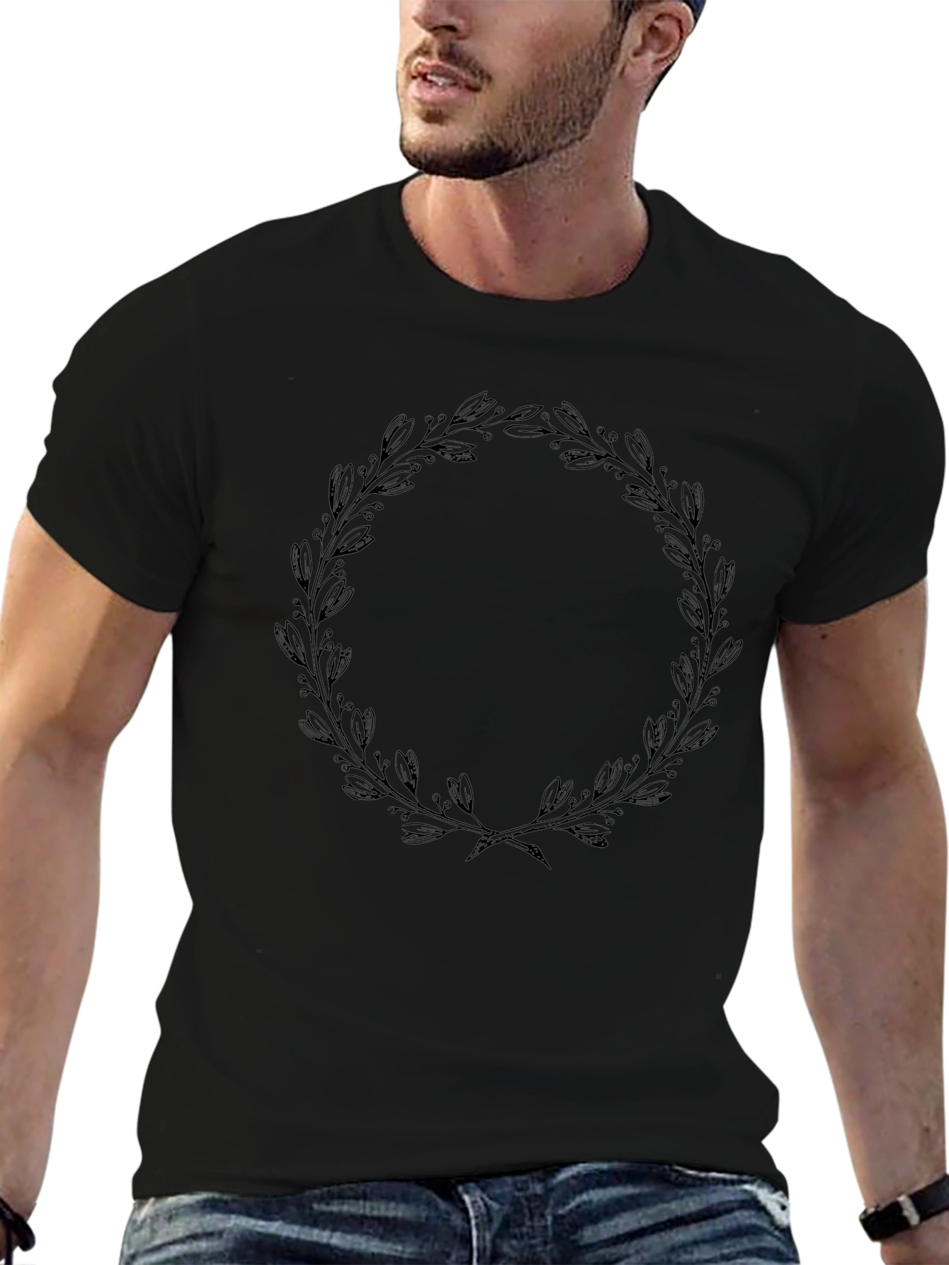 Black T-Shirt with Leaf Wreath Design