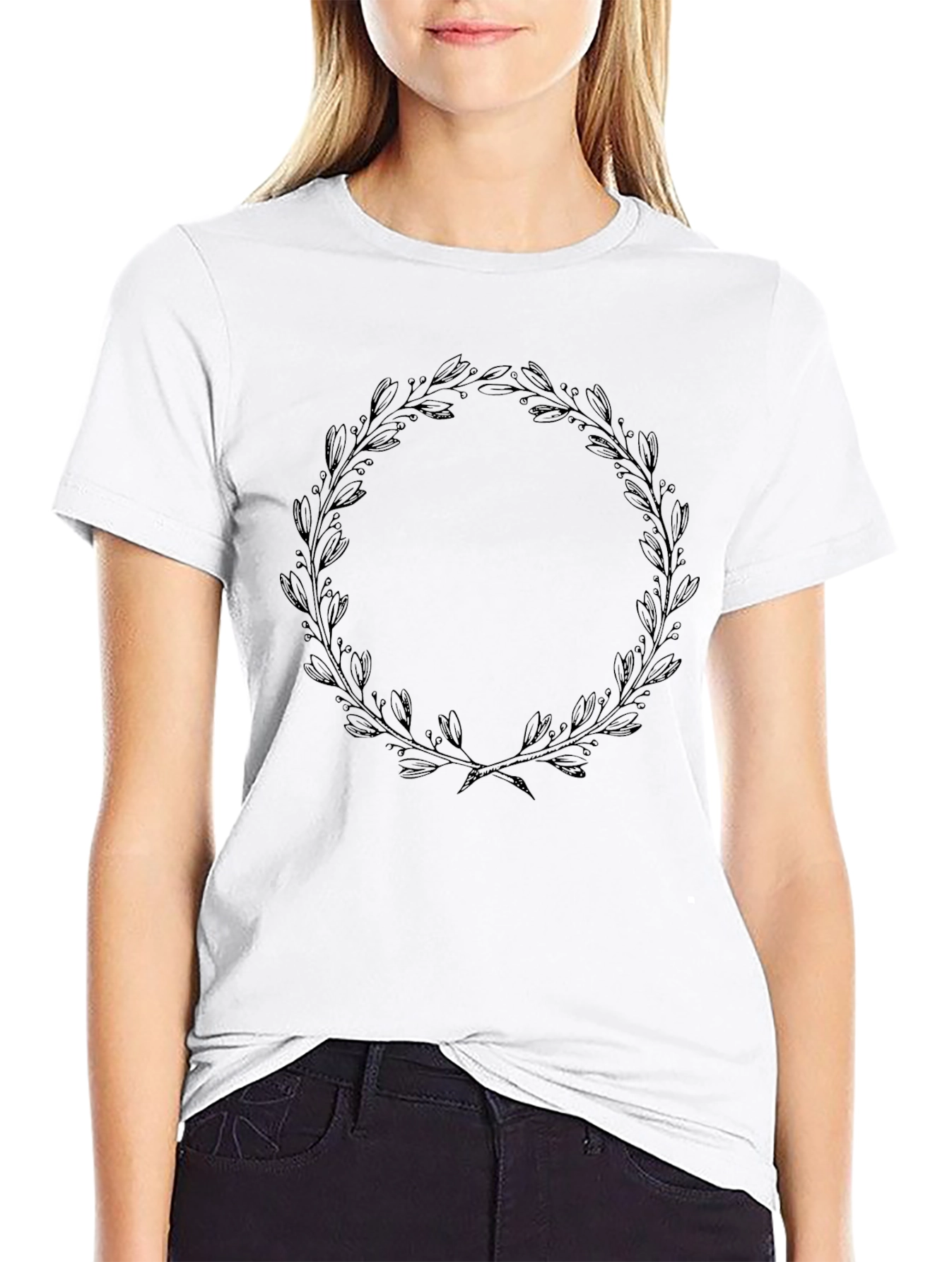 Black T-Shirt with Leaf Wreath Design