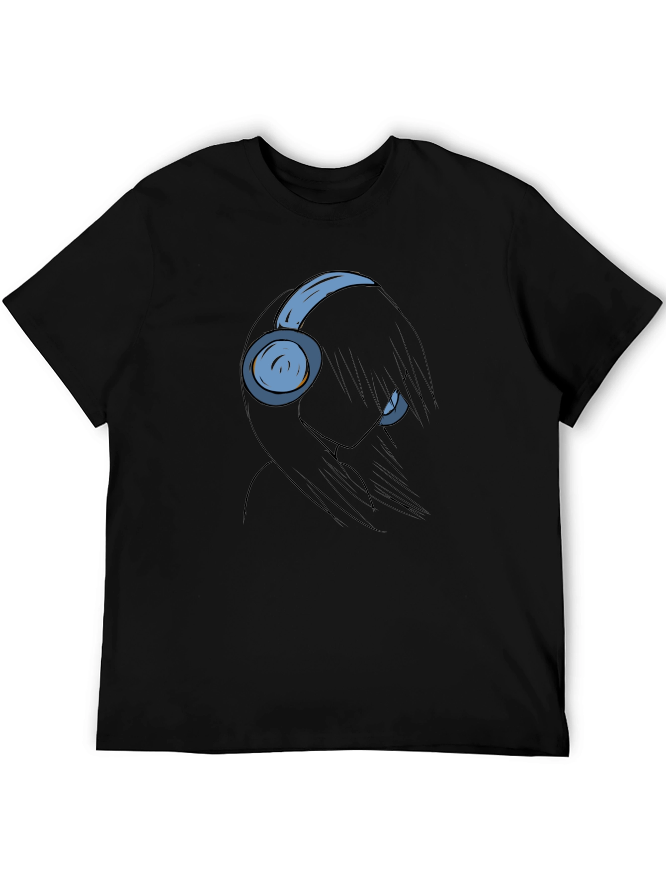 Anime Girl with Headphones Black T-Shirt