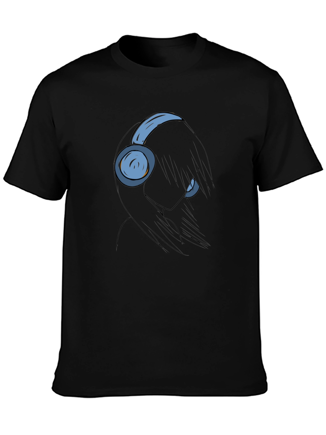 Anime Girl with Headphones Black T-Shirt