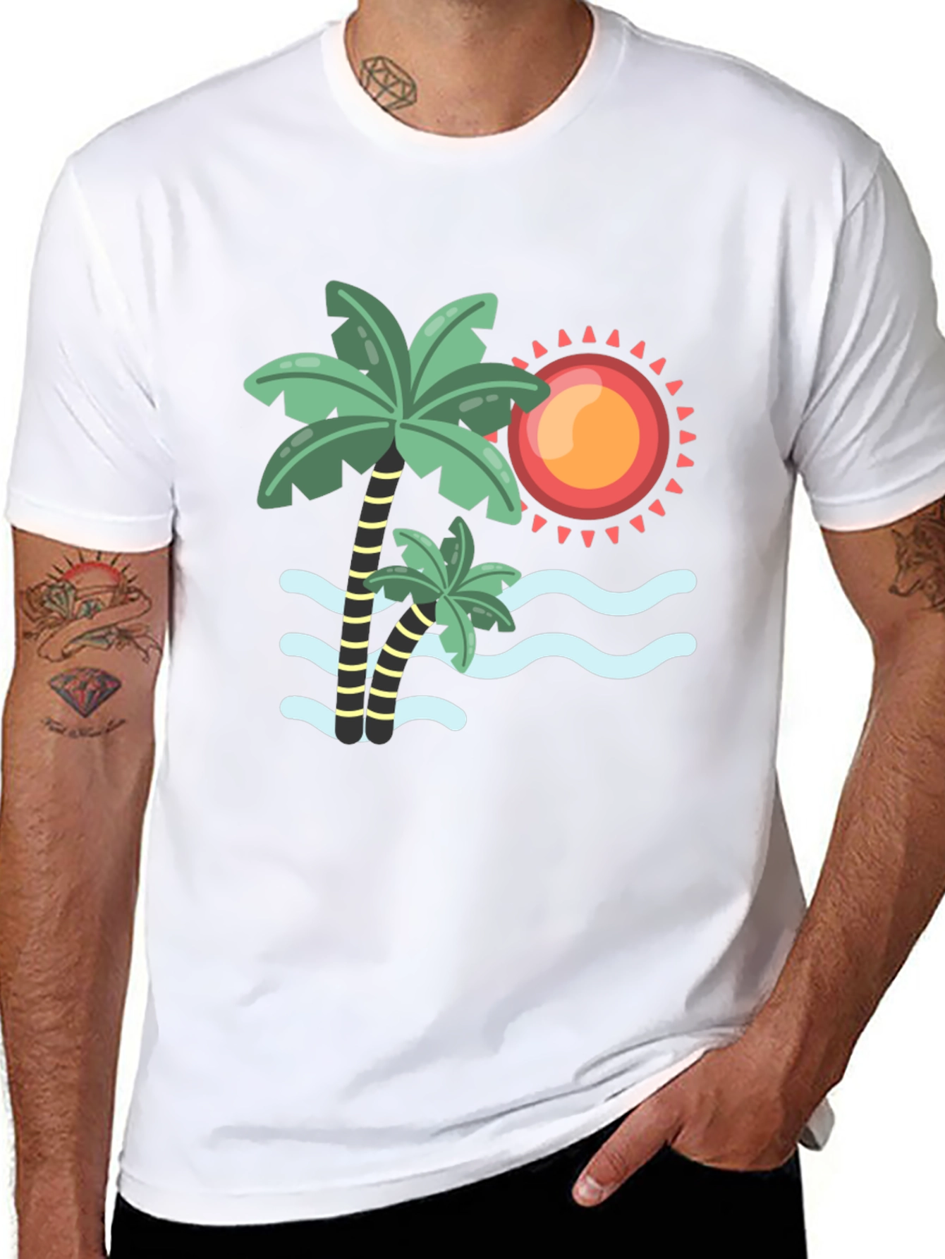 Tropical Palm Tree & Sun Graphic Tee - Black