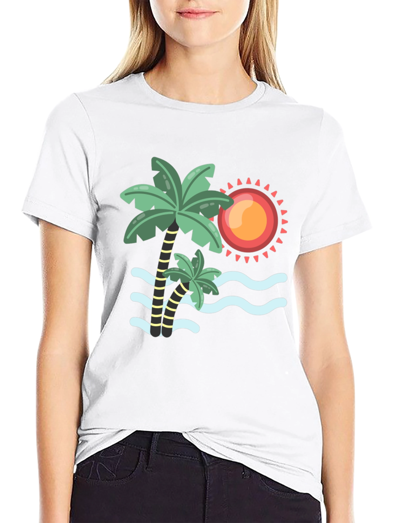 Tropical Palm Tree & Sun Graphic Tee - Black