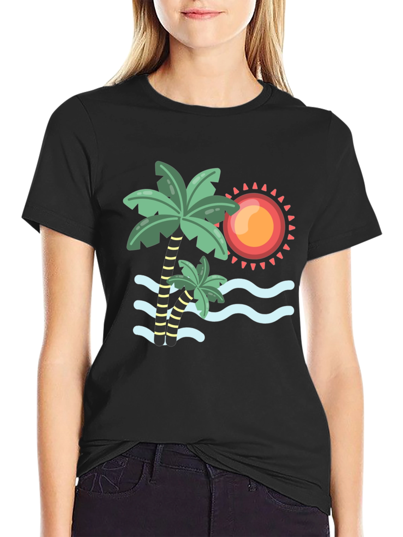 Tropical Palm Tree & Sun Graphic Tee - Black