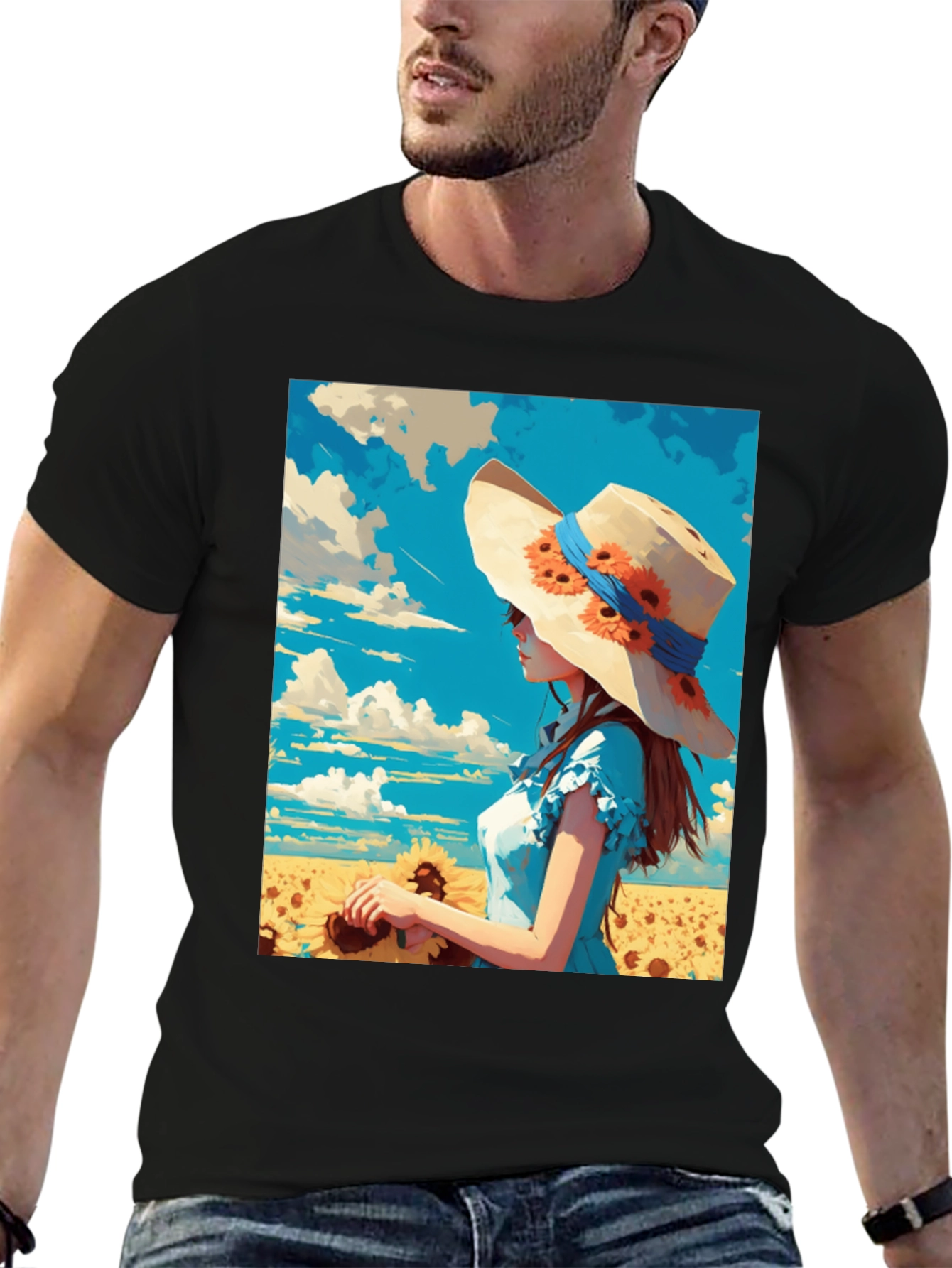 Sunflower Girl Graphic Tee - Artistic Print Shirt