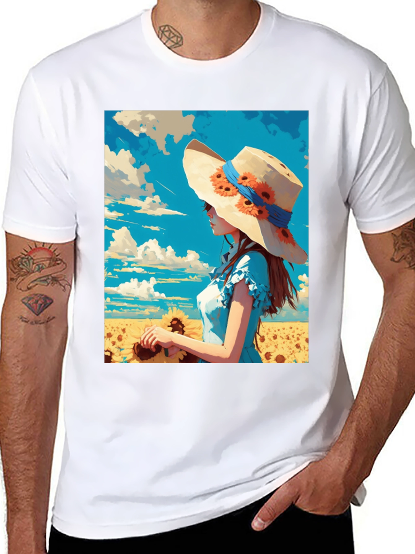 Sunflower Girl Graphic Tee - Artistic Print Shirt