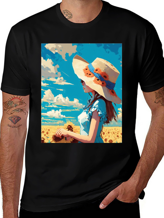 Sunflower Girl Graphic Tee - Artistic Print Shirt