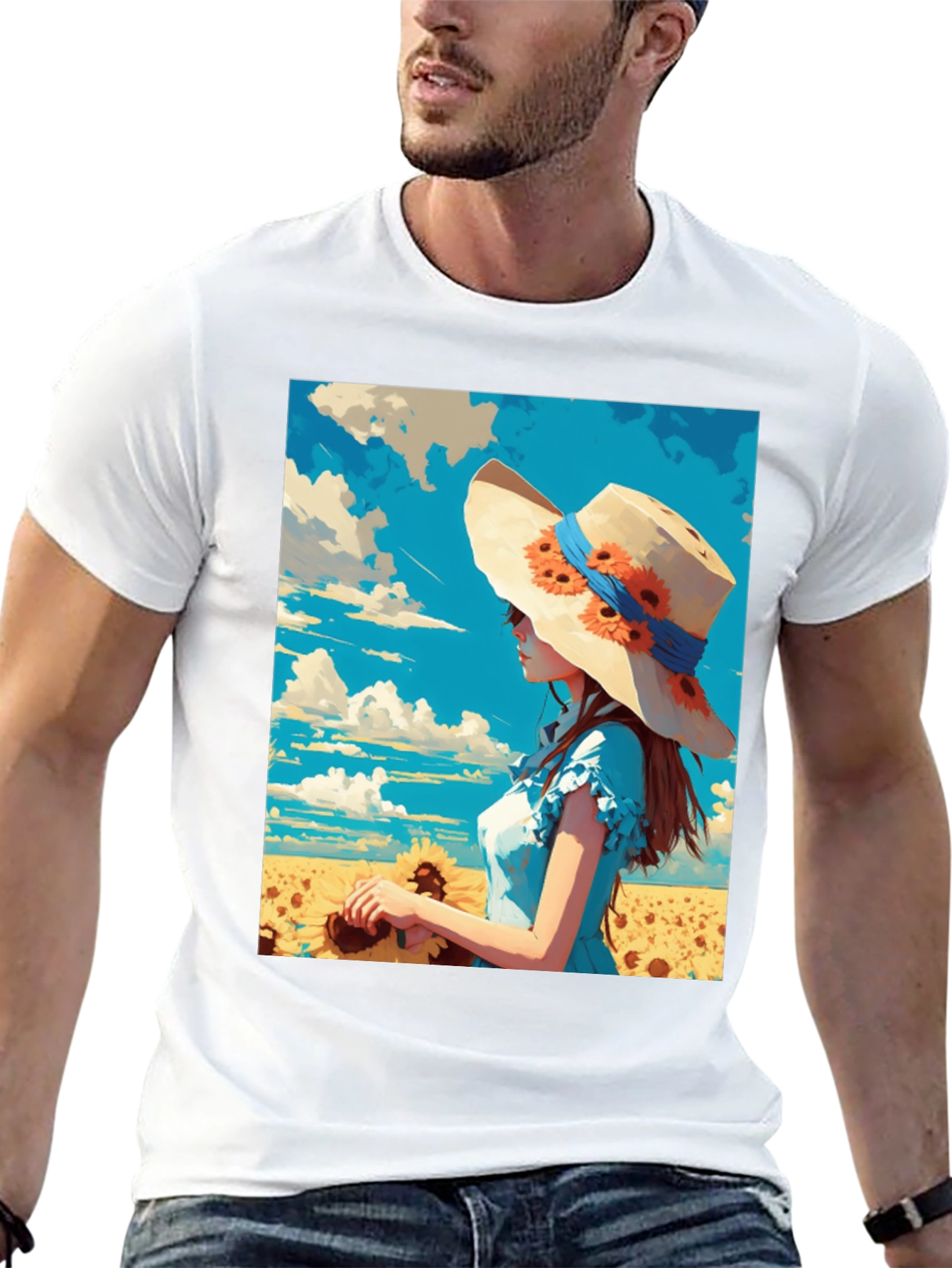 Sunflower Girl Graphic Tee - Artistic Print Shirt