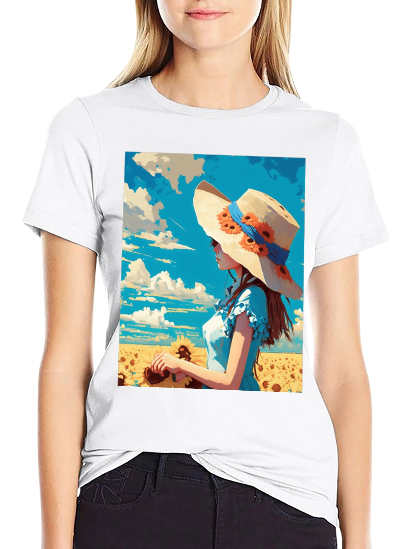 Sunflower Girl Graphic Tee - Artistic Print Shirt