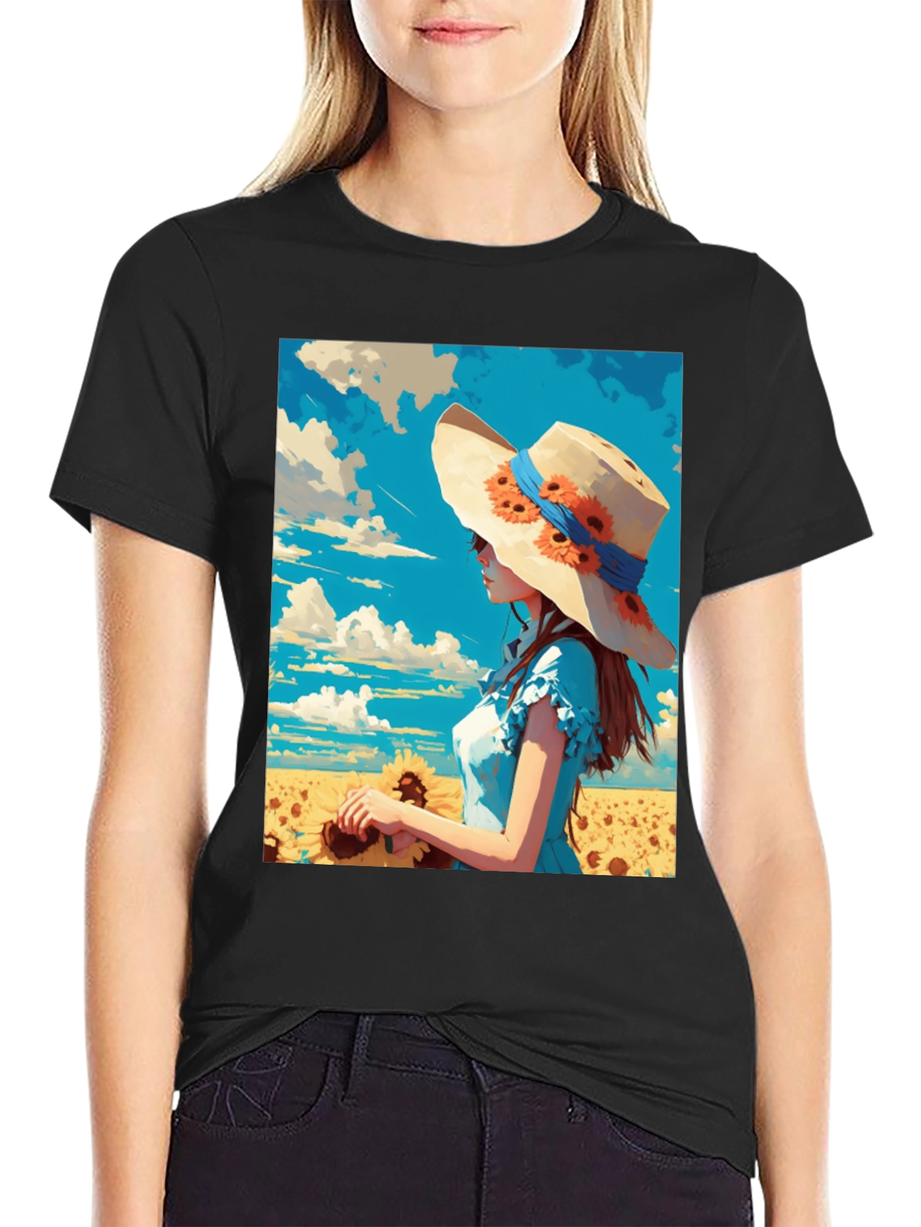 Sunflower Girl Graphic Tee - Artistic Print Shirt