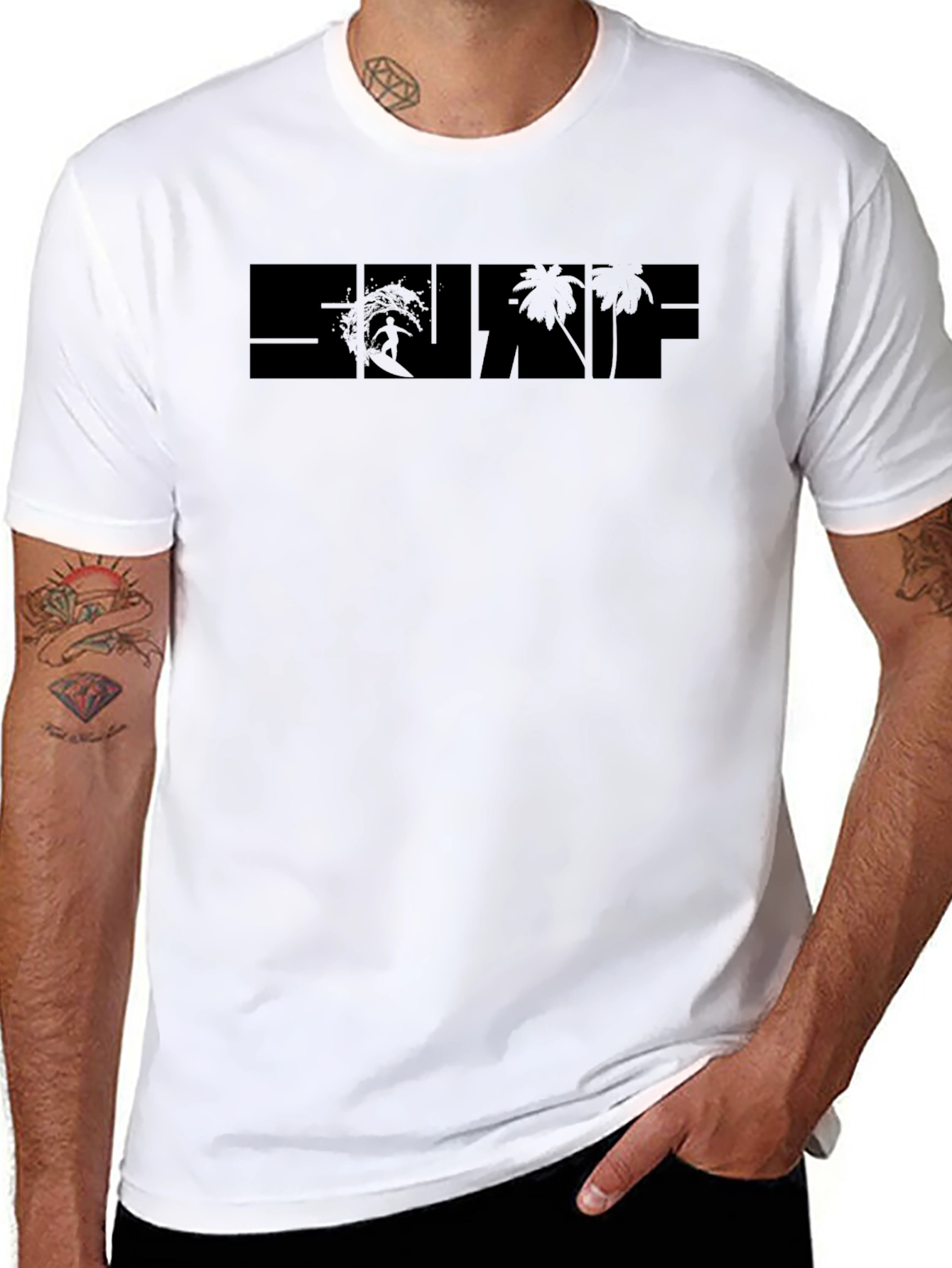 Surf Graphic Black T-Shirt - Tropical Beach Design