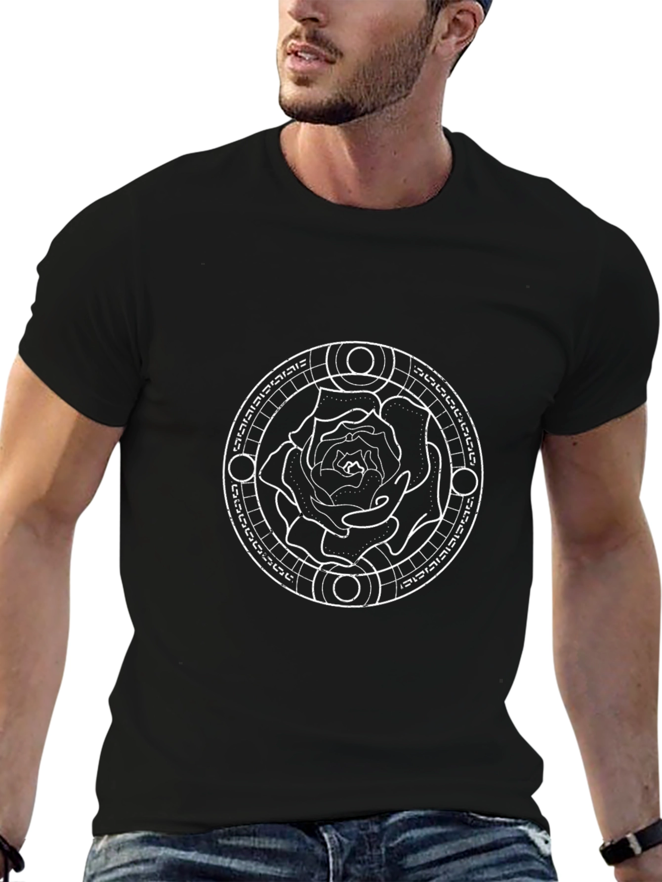 Black T-Shirt with Rose Circle Graphic