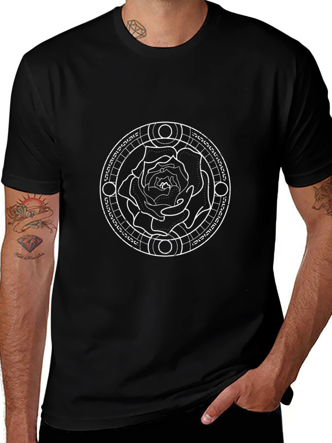 Black T-Shirt with Rose Circle Graphic