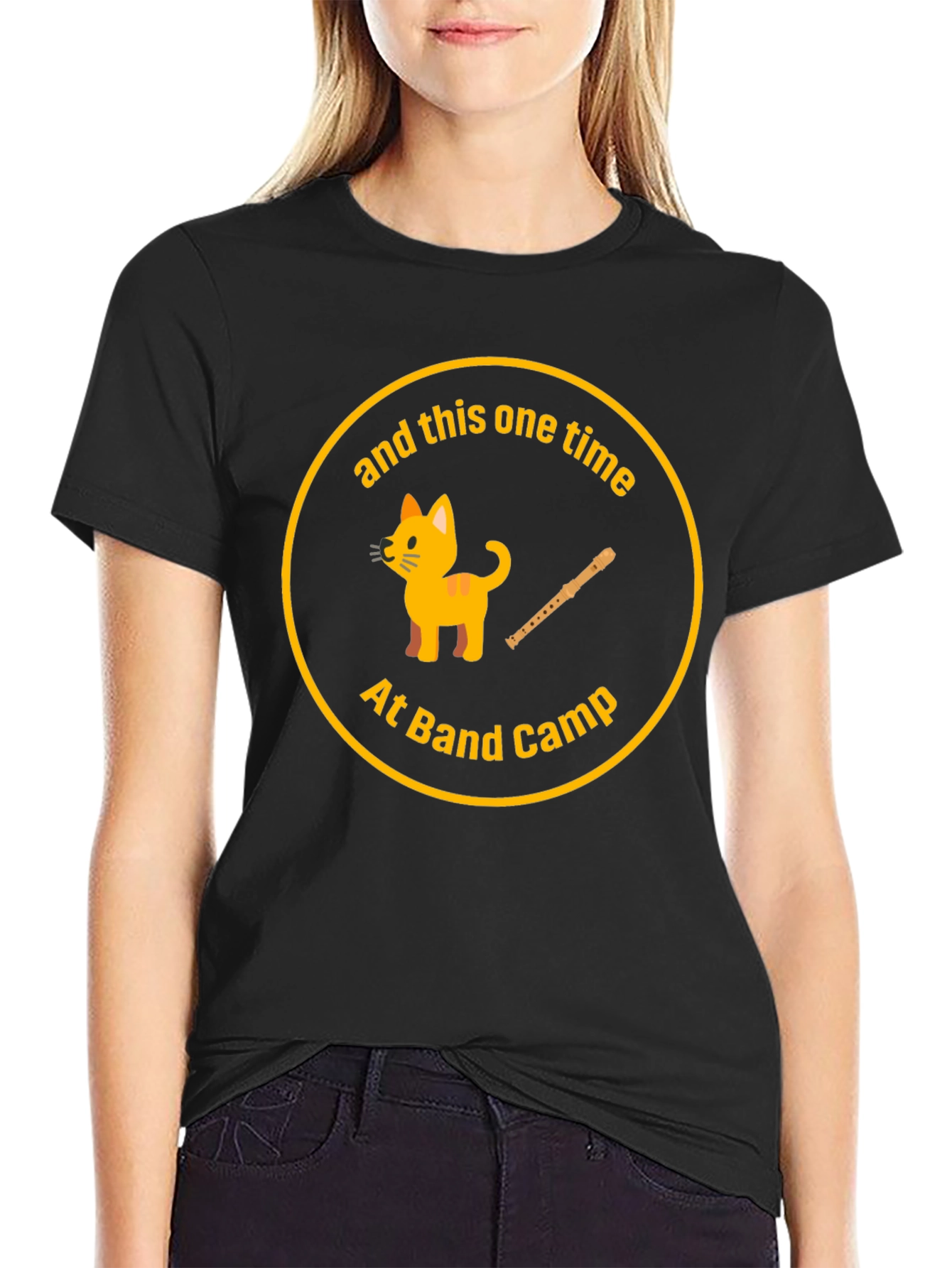 Funny Band Camp T-Shirt with Cat and Flute Design