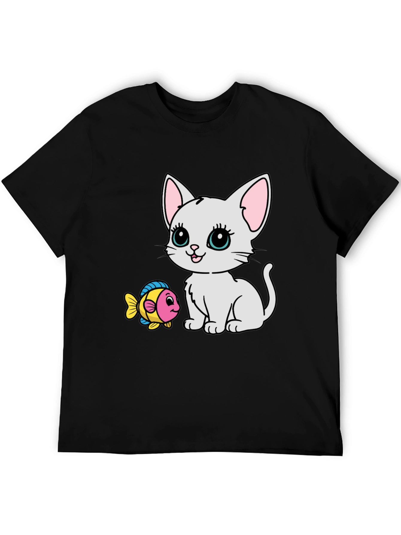 Cute Cartoon Cat & Fish Graphic Tee - Black