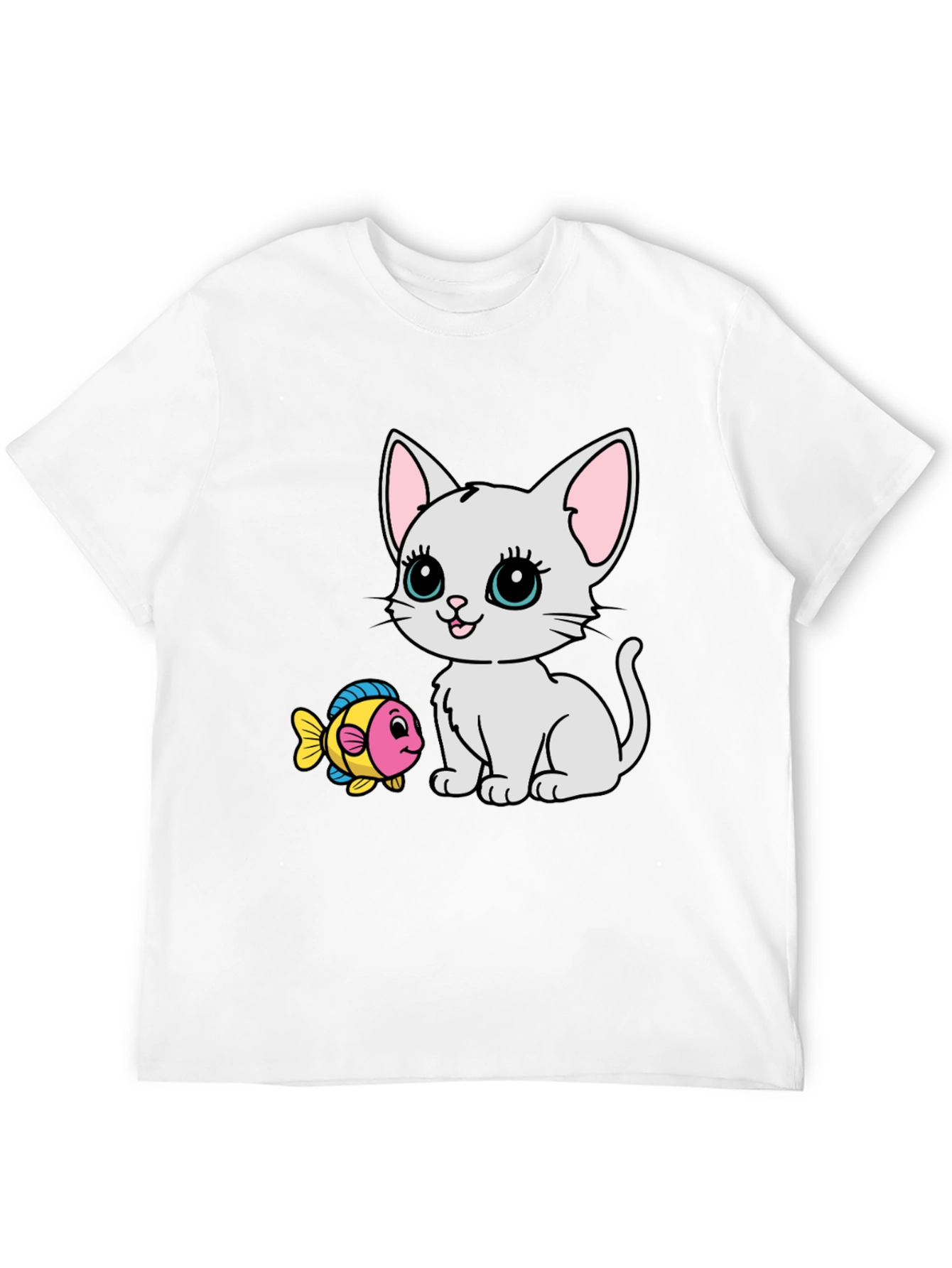 Cute Cartoon Cat & Fish Graphic Tee - Black